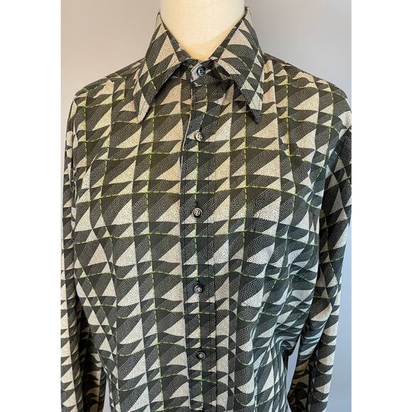 Vtg 70s Geometric Abstract Pointillism Button Front Disco Shirt Dagger Collar LG - Picture 3 of 10